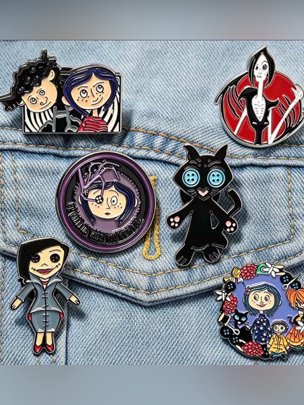 ⁠Coraline Enamel Pin Set 6 Pcs Movie Collectible Other Mother Cat Wybie Spooky